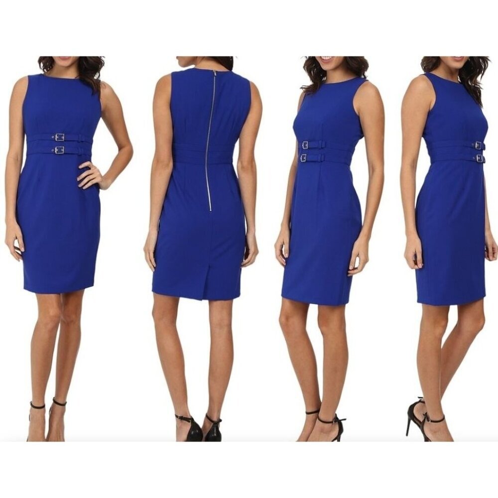 EUC Calvin Klein Royal Blue Double Buckle Zipper Workwear Sheath Dress Size 4